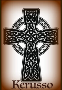 Connie MacLeod - Author - Kerusso Logo - to herald Good News. shows a Celtic Cross and lettering on a light background with vintage brown - sepia colored border 