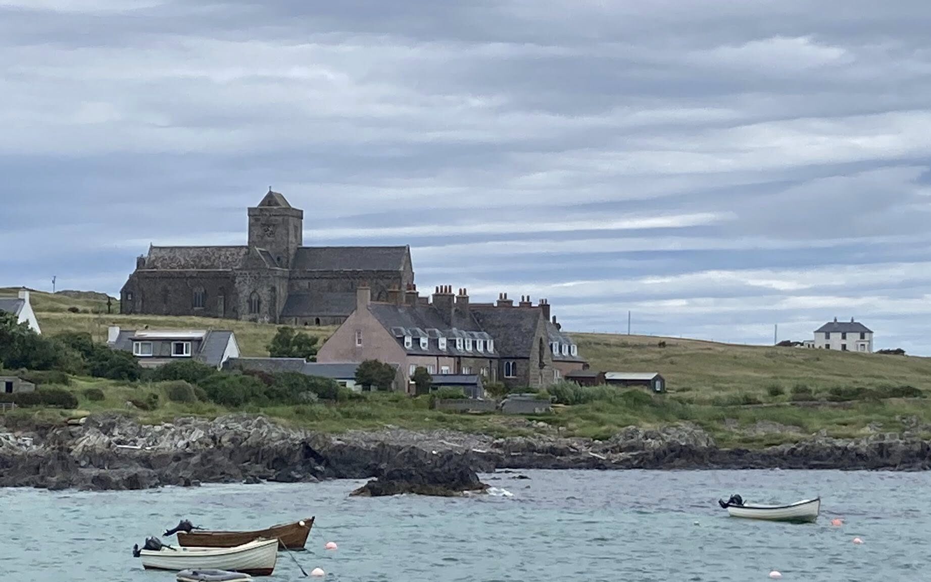Arrival to Isle of Iona with Iona Abbey in view.