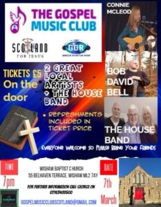 The Gospel Music Club poster for 7 March 2026 An evening of music with Connie MacLeod, Bob David Bell and the House Band