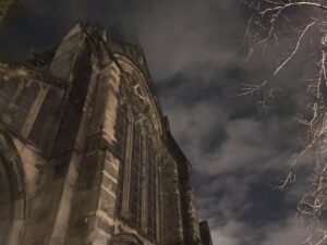 12th Century Glasgow Cathedral on a dark cloudy evening. Historic Environment Scotland's venue hosted Connie MacLeod - Author and songwriter in filming video for her praise song,  I Love Your Name